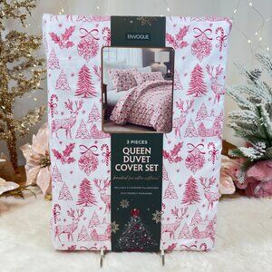 ENVOGUE Holiday Christmas Red Toile Woodland Village Full 3 pc Duvet Set New